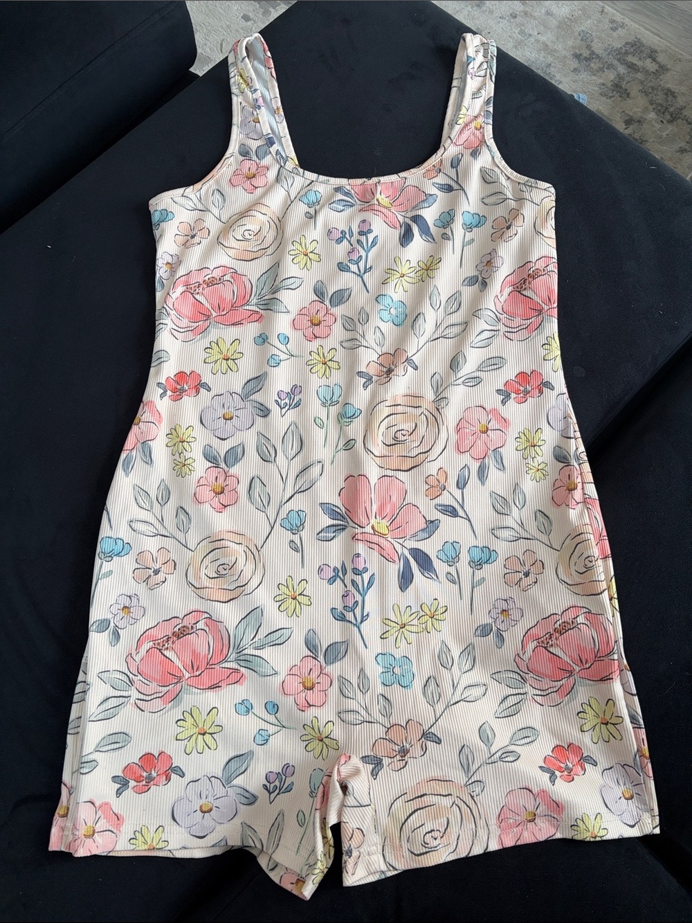 Floral Print Ribbed Romper - Ivory with Pink & Pastel Flowers